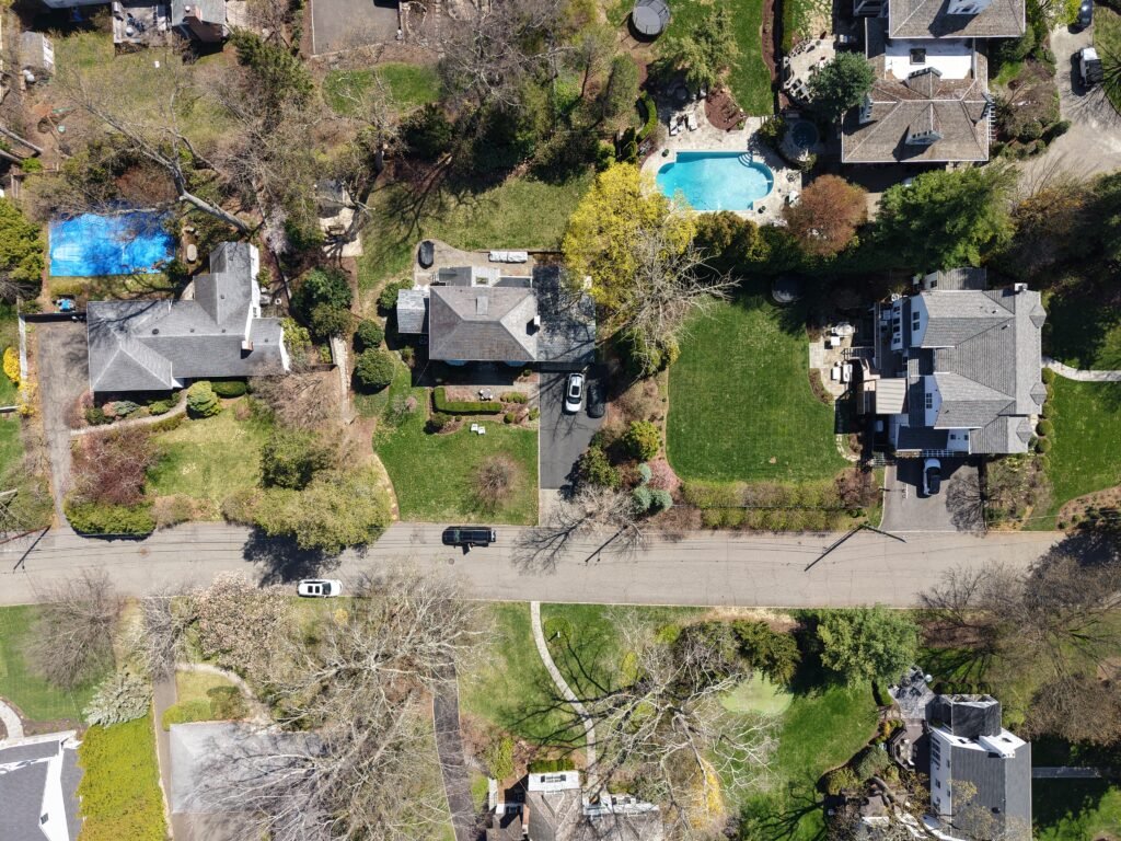 Overhead drone view of New Jersey homes and tree-lined streets